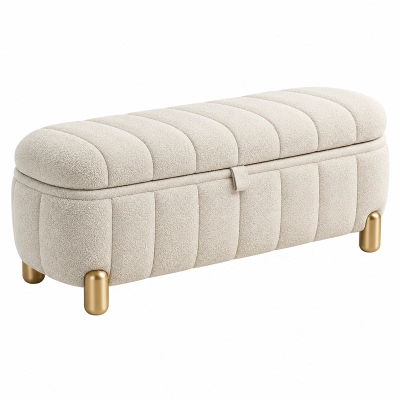 Sitzbank 120 cm Bouclé Creme mit Stauraum und Metallfüßen