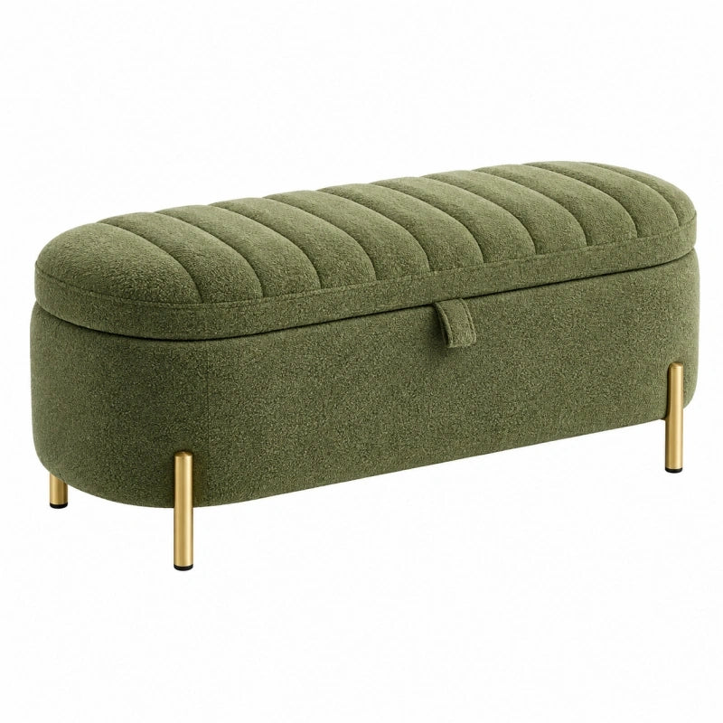 Sitzbank 120 cm aus Boucléstoff Olivgrün mit Stauraum und Metallfüßen