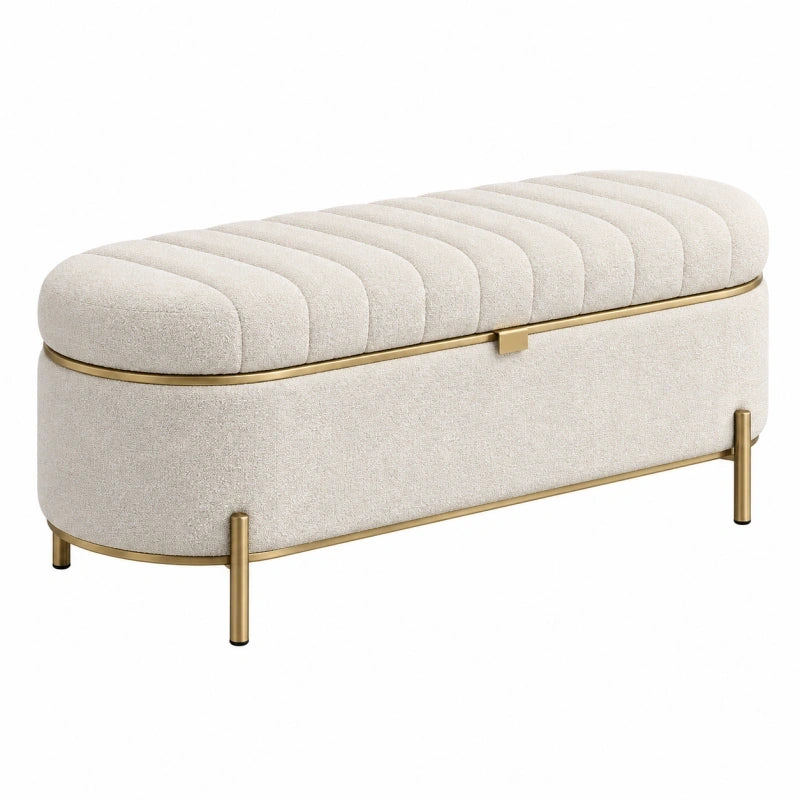 Polsterbank mit Stauraum 120 x 45 x 50 cm Creme Gold Metallgestell gerippte Sitzfläche