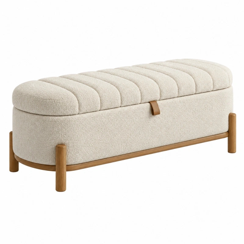 Sitzbank 120 x 45 x 48 cm aus Bouclé Creme mit Holzgestell und Stauraum