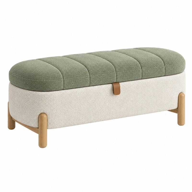 Polsterbank 120 x 45 x 45 cm mit Stauraum aus Bouclé in Beige Grün mit Holzbeinen