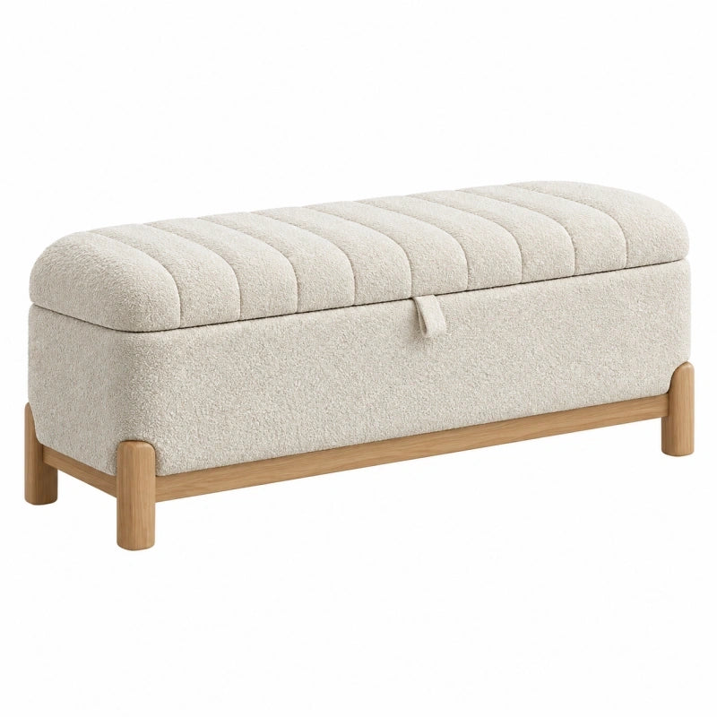 Sitzbank mit Stauraum 110 cm Bouclé Creme-Holz Natur gepolstert