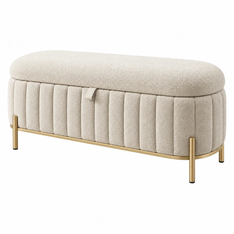 Aufbewahrungsbank 120 x 45 x 48 cm Bouclé Creme mit Metallgestell Gold
