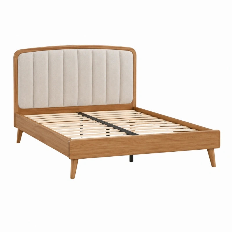 Bettgestell 160 x 200 cm Naturbraun Beige Holz mit gepolstertem Kopfteil und Lattenrost im Mid-Century-Stil