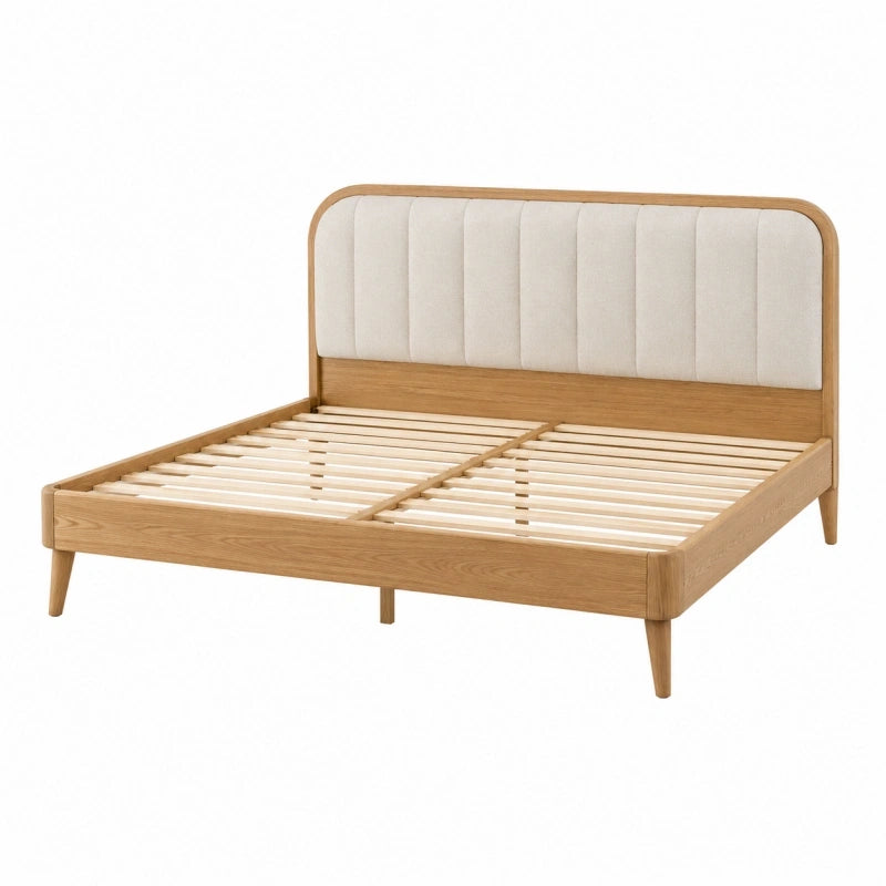Bettgestell 160 x 200 cm Holz Natur mit beigefarbenem gepolstertem Kopfteil