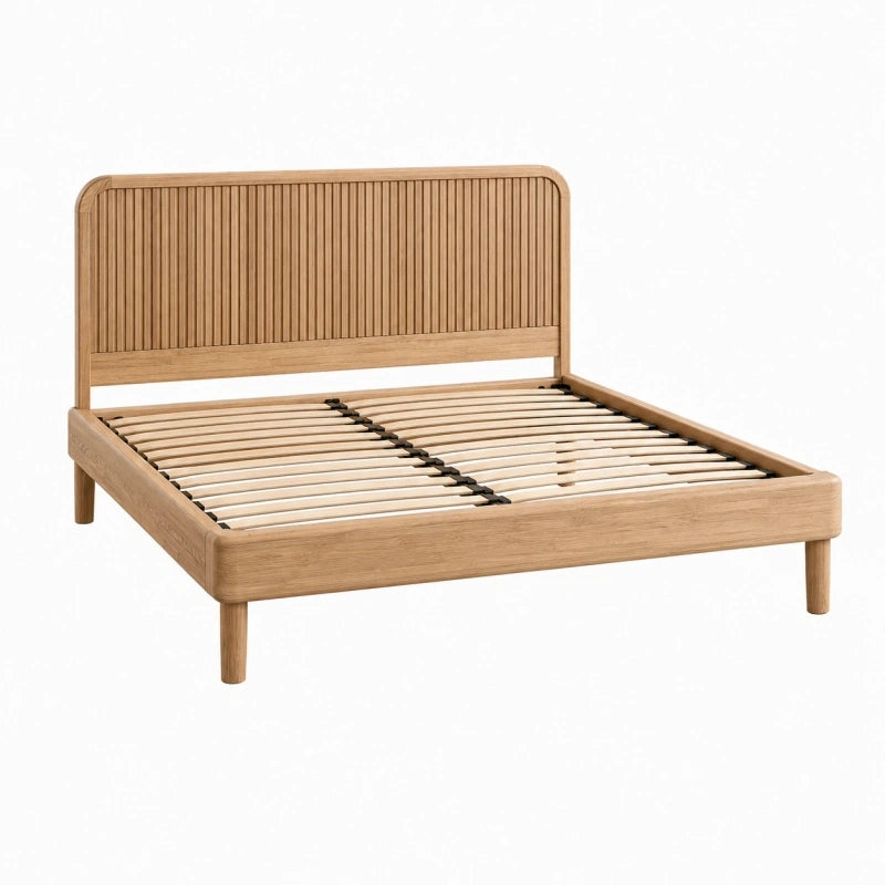 Bettgestell 160 x 200 cm Holz Natur mit Lattenrost und geriffeltem Kopfteil