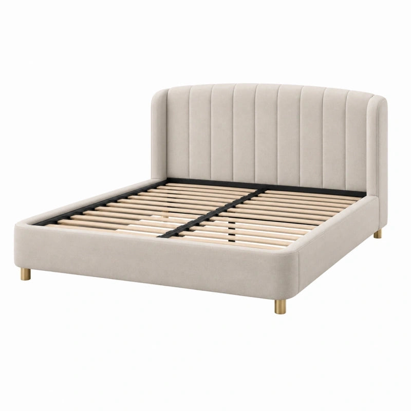 Polsterbett 160 x 200 cm Beige Stoffbezug mit Lattenrost und gepolstertem Kopfteil